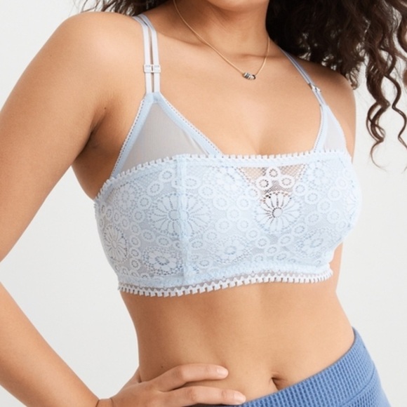 NEW Aerie Real Power Wireless Push Up Joy Lace Bra Light Blue - Picture 1 of 9